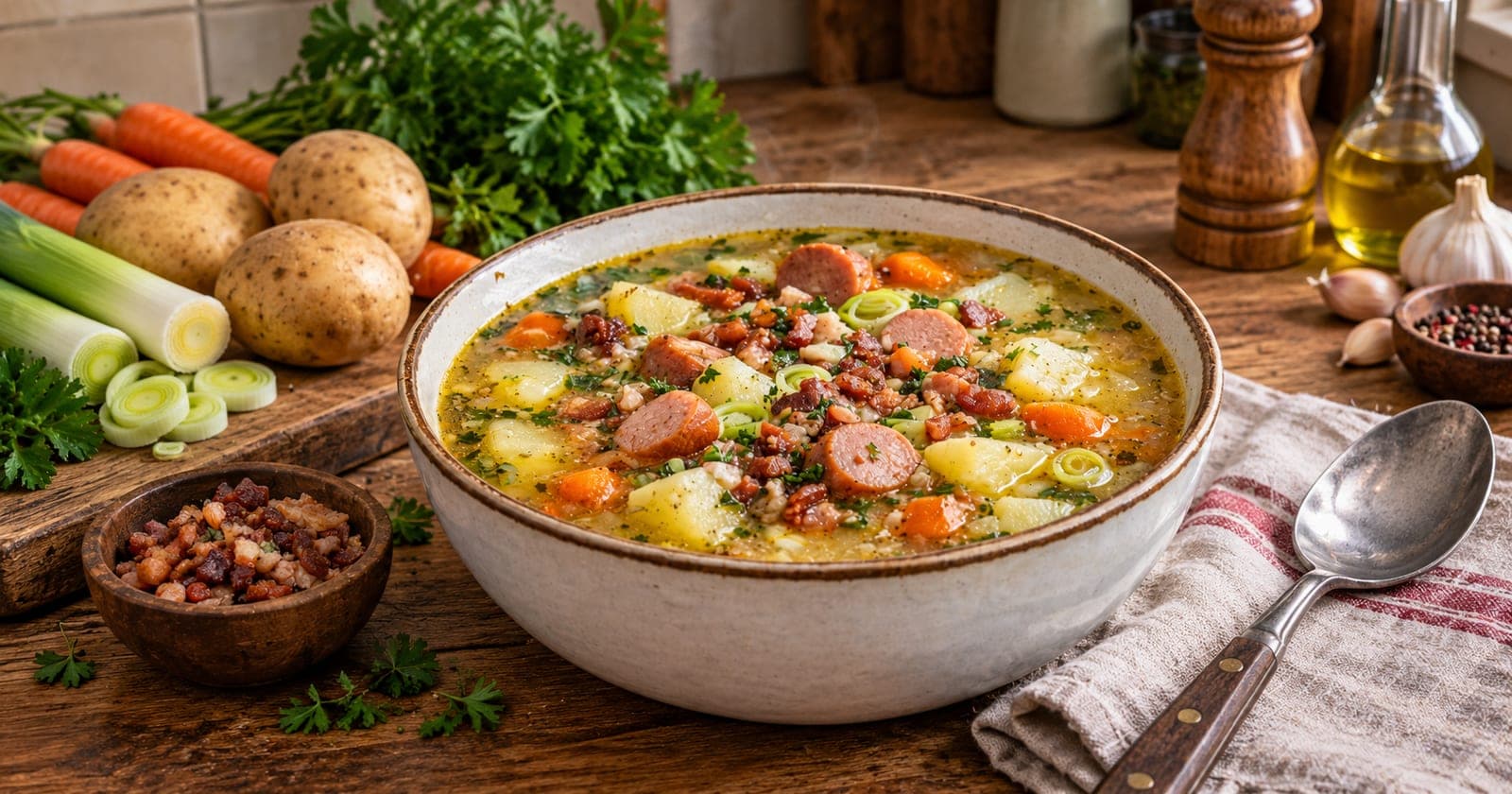 Kartoffelsuppe mit Lauch, Speck und Würstchen